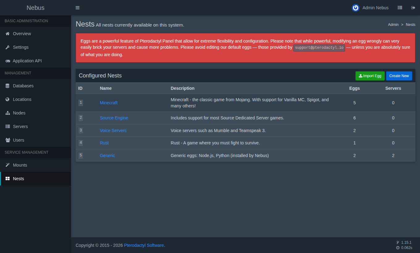 Список nests: Minecraft, Source Engine, Voice Servers, Rust и Generic