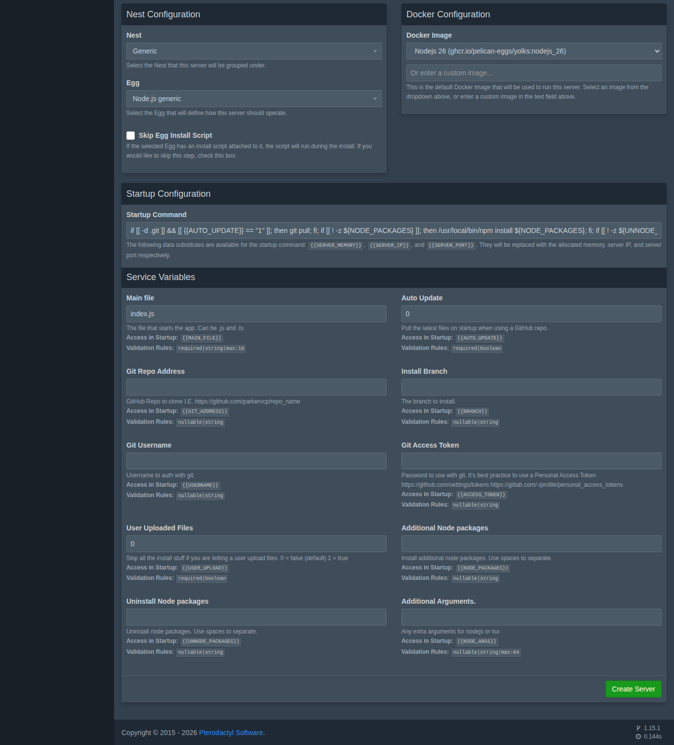 Erstellungsformular: Nest Generic, Egg Node.js generic, Docker-Image und Variablen