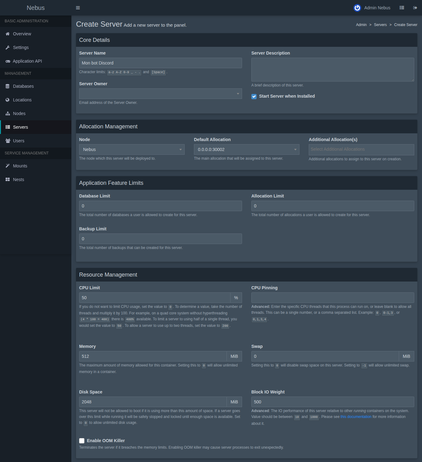 Форма Create Server: имя, владелец, узел Nebus, порт по умолчанию, лимиты и ресурсы