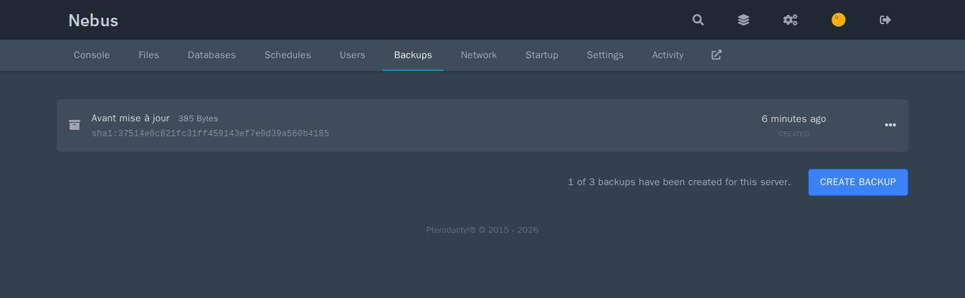 Вкладка Backups с копией Avant mise à jour и кнопкой Create Backup