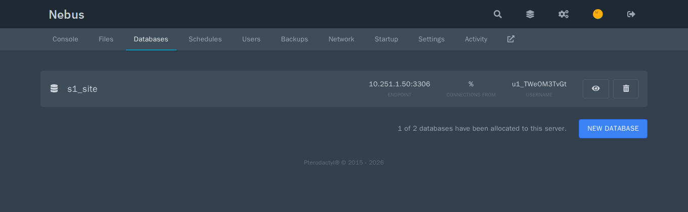 Вкладка Databases с базой s1_site, её адресом, пользователем и кнопкой New Database