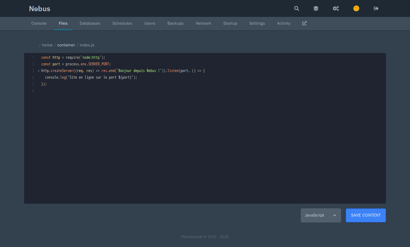 Текстовый редактор панели с открытым index.js, подсветкой синтаксиса и кнопкой Save Content