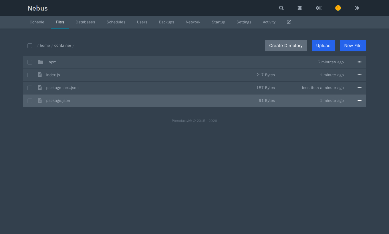 Файловый менеджер с кнопками Create Directory, Upload и New File