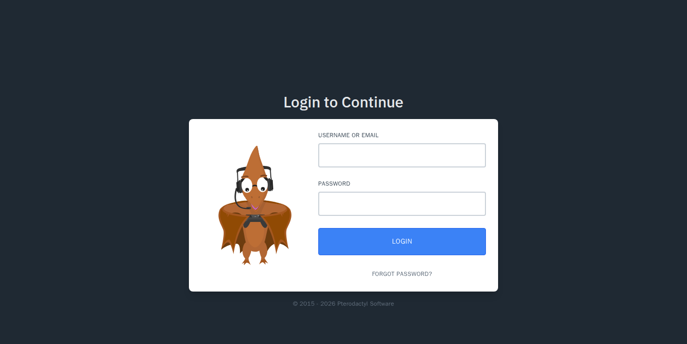 Страница входа в панель Pterodactyl: поля Username or Email и Password, кнопка Login