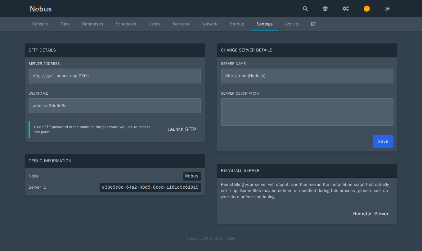 Вкладка Settings: адрес и имя пользователя SFTP, имя сервера, переустановка