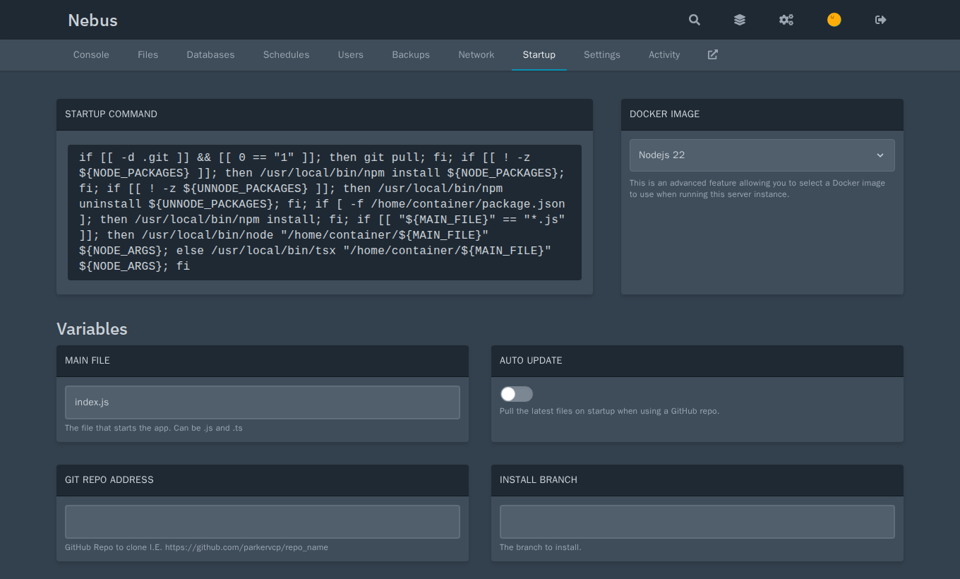 Reiter Startup eines Node.js-Servers: Docker-Image und Variablen des Eggs