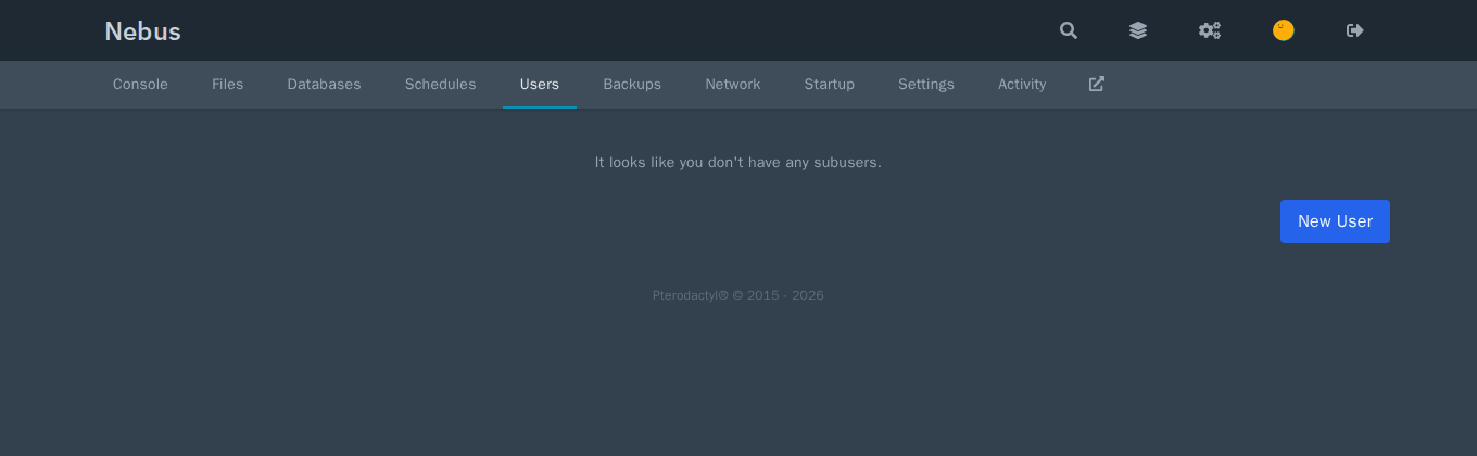 Вкладка Users без субпользователей, с кнопкой New User